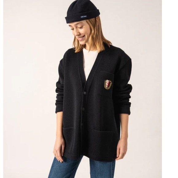 Vintage 70s men’s knit Cardigan Academia School prep Varsity Wool Navy blue L - Picture 2 of 16